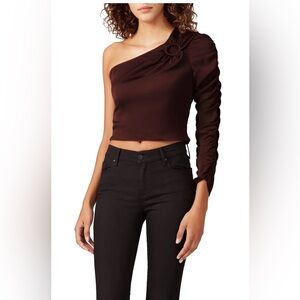 The East Order Ganna One Shoulder Crop Top Maroon Ruched Sleeve Sateen Small